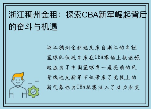 浙江稠州金租：探索CBA新军崛起背后的奋斗与机遇