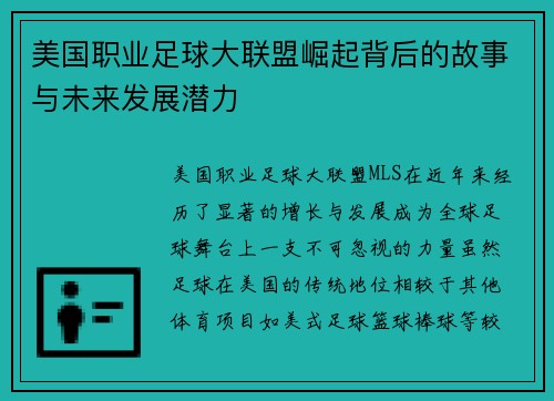 美国职业足球大联盟崛起背后的故事与未来发展潜力