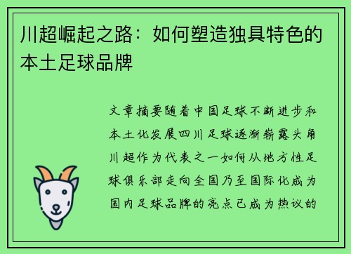 川超崛起之路:如何塑造独具特色的本土足球品牌 川超崛起之路:如何塑造独具特色的本土足球品牌